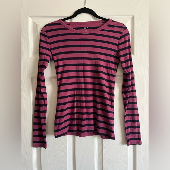 Pink and Navy blue striped long sleeve top - Picture 1 of 3